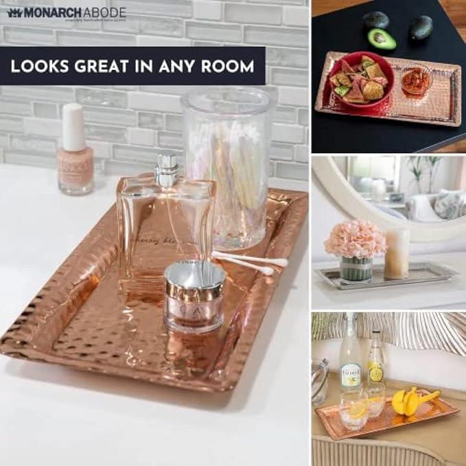 Monarch Abode Decorative Tray – 12-Inch Hand Hammered Nickel Finish Metal Bathroom Tray Countertop, Vanity Trays Organizer, Perfume Plate for Dresser, Kitchen Countertop Small Fruit Platter - ModernBath
