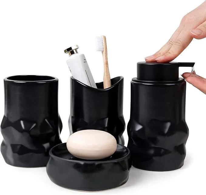 BosilunLife Modern Ceramic Bathroom Accessories Set, Bathroom Counter Set Matte Black Bathroom Decor Sets Accessories Bathroom Lotion Soap Dispenser, Toothbrush Holder Set, Soap Dish, Apothecary Jars - ModernBath