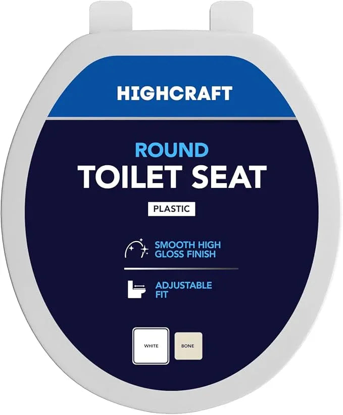HIGHCRAFT Premium Round Toilet Seat with Adjustable Hinges - Molded Plastic Toilet Seat - Fits Standard Round Toilets - Round Seat in White - ModernBath