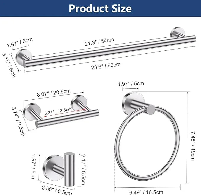 TQKAG Brushed Nickel 5 Piece Bathroom Hardware Accessories Set 23.6" SUS304 Stainless Steel Bathroom Towel Bar Holder Sets Double Post Pivoting Toilet Paper Holder Set Wall Mounted - ModernBath