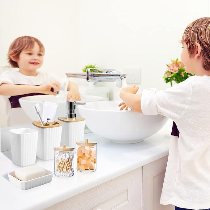XLHOMO Bathroom Accessory Set, 9-Piece White Bathroom Set with Trash Can, Tray, Soap Dispenser, Toothbrush Holder, Toothbrush Cup, Soap Dish, Toilet Brush and Q-tip Holders for Bathroom/Housewarming - ModernBath