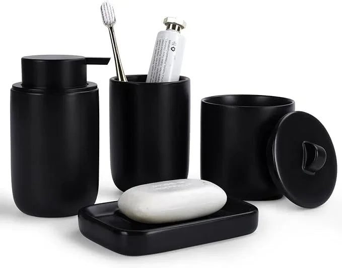 BosilunLife Ceramic Bathroom Accessories Sets - Black Bathroom Vanity Sets Accessories Soap Dispenser Toothbrush Holder Set, Soap Dish and Cotton Swab Jars, Bath Accessories Sets for Bathroom - ModernBath