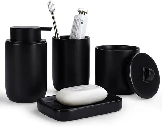 BosilunLife Ceramic Bathroom Accessories Sets - Black Bathroom Vanity Sets Accessories Soap Dispenser Toothbrush Holder Set, Soap Dish and Cotton Swab Jars, Bath Accessories Sets for Bathroom - ModernBath