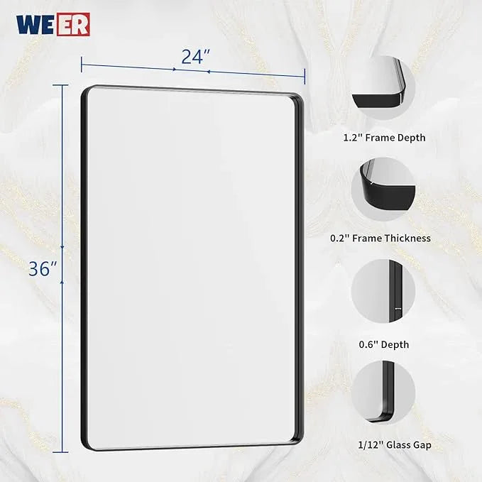 WEER Black Framed Bathroom Mirror, 24X36 Inch Rounded Rectangle Black Bathroom Mirror, Matte Black Bathroom Vanity Mirror for Wall, Anti-Rust, Tempered Glass, Hangs Horizontally or Vertically - ModernBath