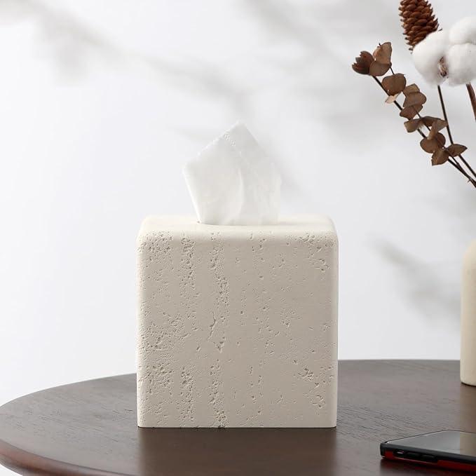 Haocoott Tissue Box Cover Square, Resin Facial Tissue Holder Covers Toilet Paper Holder Decorative Travertine Paper Dispenser Home Decor for Bathroom Bedroom Living Room Office (Off White) - ModernBath