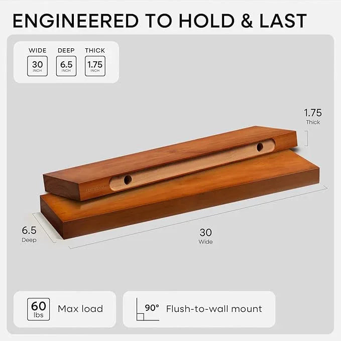 Homeforia Oak Floating Shelves 30 inch Long, High End Solid Real Wood 30inch Floating Shelf for Wall Mounted, Honey Oak Wooden 30in Floating Shelves, Heavy Duty Bracket, 30 X 6.5 X 1.75 in, Set of 2 - ModernBath
