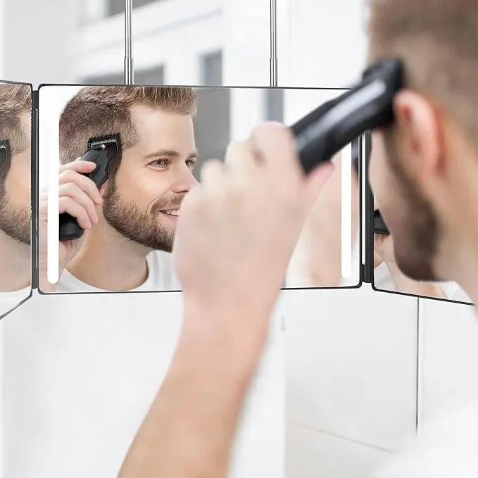 Dripex 3 Way Mirror with Led Lights for Men or Women, 360° Trifold Self Haircut Mirror with Height Adjustable Hooks, for Makeup, Styling, Shaving, Braiding, Dye Hair (Black with Led) - ModernBath