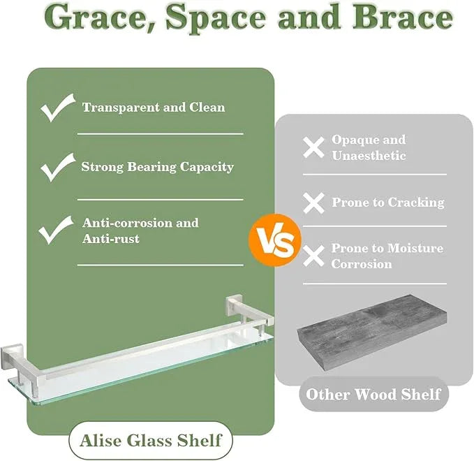 Alise Bathroom Shelf Wall Mounted, Brushed Nickel Large Capacity Glass Shelf for Bathroom, 24 inch - ModernBath