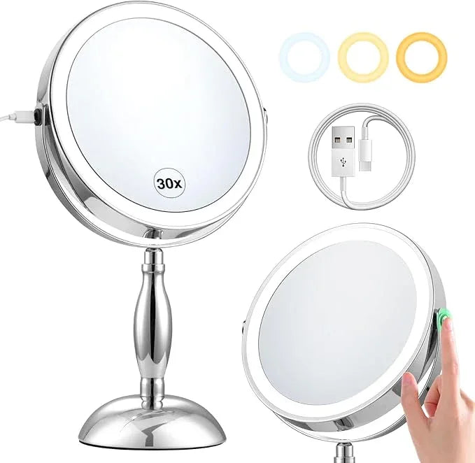 DASLAVA 30x Magnifying Mirror, Lighted Makeup Mirror with 3 Colors Modes & Adjustable Brightness, 5000mAh Rechargeable, 360° Rotation Double Side, Large Magnifying Vanity Mirror, Gifts for Women - ModernBath