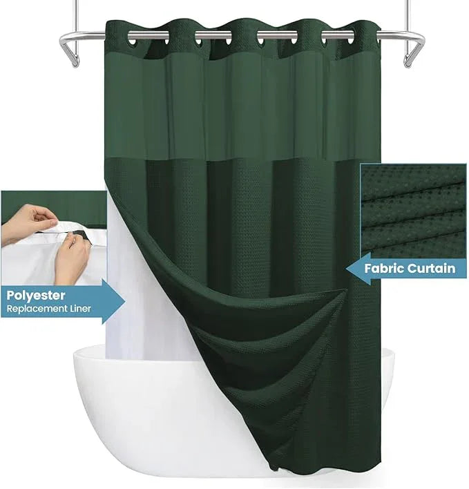 EUTXL Dark Green Shower Curtain and Liner Set - 230GSM Waffle Weave Textured Heavy Duty,Hotel Luxury Weighted Bath Curtain,71W x 74H - ModernBath