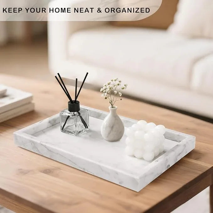 Homaura Marble Bathroom Tray for Countertop & Home Decor, Natural Decorative Marble Tray for Jewelry & Perfume Organizer, Luxury Stone Vanity Trays for Dresser, Kitchen Counter, 12" x 8", White - ModernBath