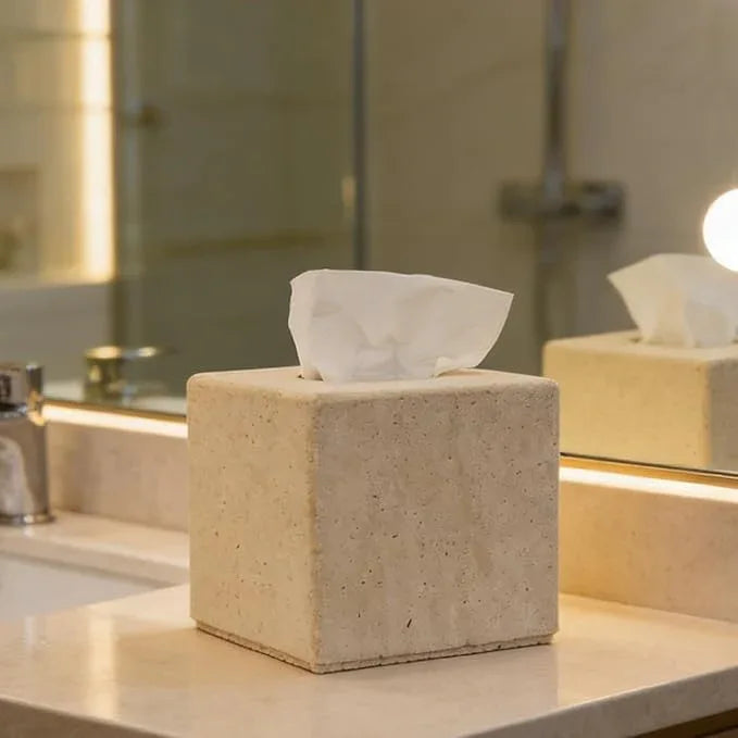 Travertine Tissue Box Cover, Heavy Duty Nature Stone Tissue Box Holder, Decorative Luxurious Travertine Square Toilet Tissue Box for Bathroom, Bedroom, Living Room, Office - ModernBath