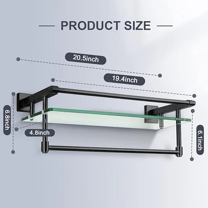 20-inch Glass Shelf with Towel bar, Matte Black-Finished Rail, Rectangular Stainless Steel Shelf, Wall-Mounted Storage Rack - ModernBath