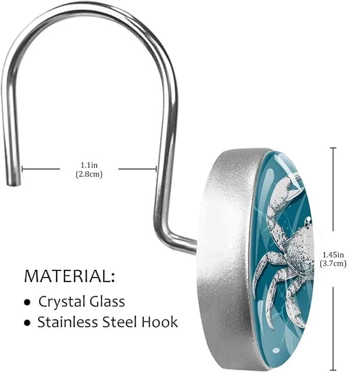 Nautical Abstract Crab Shower Curtain Hooks 12Pcs, Decorative Rust Resistant Shower Rings for Shower Curtain Rods, Stainless Steel Round Curtain Hooks for Bathroom, Bedroom, Farmhouse - ModernBath