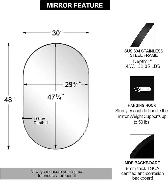 ANDY STAR Oval Bathroom Mirrors, 30x48’’ Double Vanity Mirror, Black Oval Mirrors for Bathroom, Stainless Steel Framed, 1’’ Deep Wall Mounted Vertical/Horizontal - ModernBath