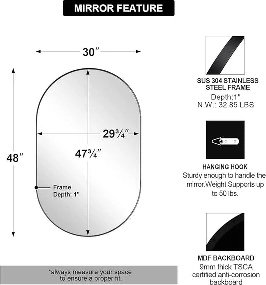 ANDY STAR Oval Bathroom Mirrors, 30x48’’ Double Vanity Mirror, Black Oval Mirrors for Bathroom, Stainless Steel Framed, 1’’ Deep Wall Mounted Vertical/Horizontal - ModernBath