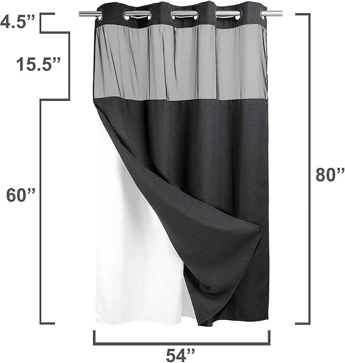 River Dream Heavyweight No Hooks Required Dotted Waffle Weave Shower Curtain with Snap in Liner -Stall 54W x 80H,Hotel Grade,Spa Like Bath Curtain,Black - ModernBath