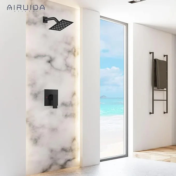 Airuida Shower Faucet Set Bathroom Rain Shower System SUS304 Stainless Steel Single Handle With Male Threads Rough-in Valve Shower Trim Kit 4 Inch Wall Mount Shower Head Matte Black - ModernBath