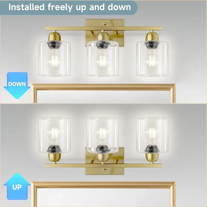 FAISHILAN Modern Brushed Gold 3 Light Bathroom Light Fixtures, 19 inch Vanity Lights for Bathroom with Clear Glass, Bathroom Lighting Fixtures Over Mirror for Mirror Kitchen Living Room - ModernBath