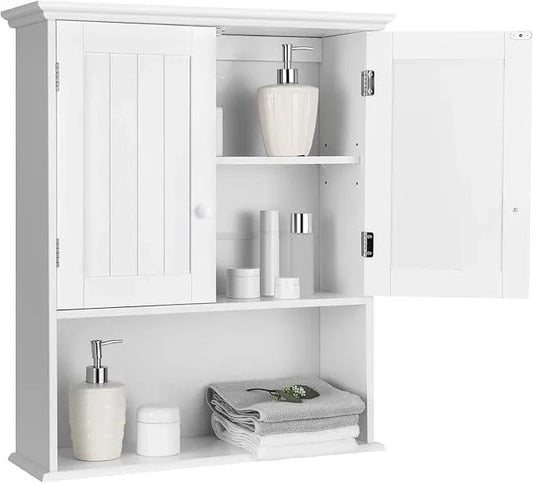 COSTWAY Wall Mounted Bathroom Cabinet, Over The Toilet Storage Cabinet w/Double Doors & Adjustable Shelf, Wood Hanging Medicine Cabinet for Living Room, Entryway, Kitchen (White) - ModernBath