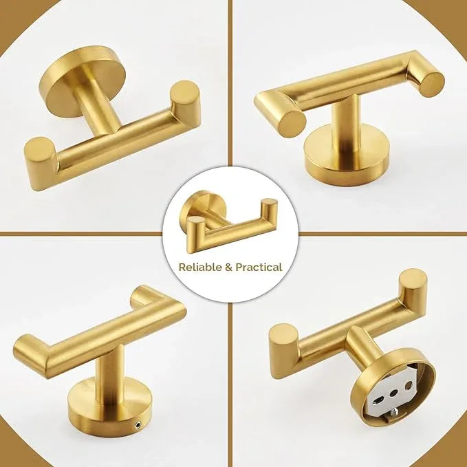 Angle Simple Towel Double Hook Brassy Gold 2 PCS, SUS304 Stainless Steel Bathroom Hand Towel Holder, Double Robe Hook, Wall Mount - ModernBath