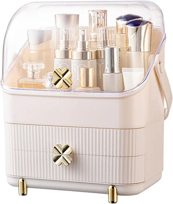 Preppy Skincare Organizers Makeup Organizer Holder Cosmetic Storage Box Display Case 3 Tiers Dust Free Cover Portable Handle 2 Rroomy Drawers Gift Great For Bathroom Countertop Dresser Ivory White - ModernBath