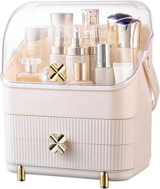Preppy Skincare Organizers Makeup Organizer Holder Cosmetic Storage Box Display Case 3 Tiers Dust Free Cover Portable Handle 2 Rroomy Drawers Gift Great For Bathroom Countertop Dresser Ivory White - ModernBath