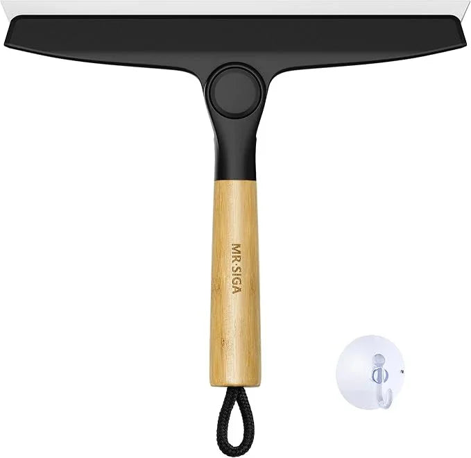 MR.SIGA All Purpose Silicone Squeegee for Shower Door, Mirror, Glass, Streak Free Shower Squeegee, Pivoting Bamboo Handle, Includes 1 Suction Hook, 10 inch Wide, Black, 1 Pack - ModernBath