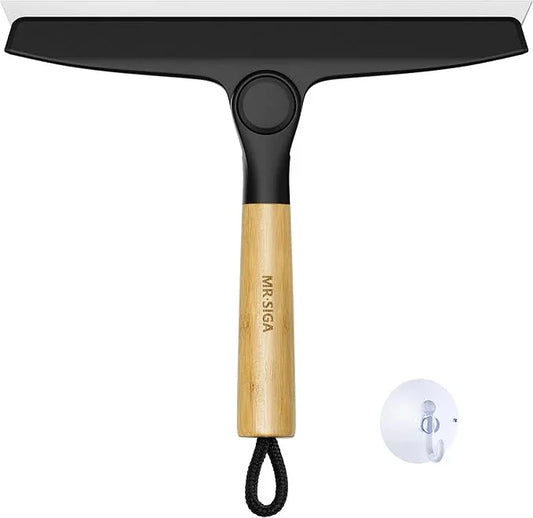 MR.SIGA All Purpose Silicone Squeegee for Shower Door, Mirror, Glass, Streak Free Shower Squeegee, Pivoting Bamboo Handle, Includes 1 Suction Hook, 10 inch Wide, Black, 1 Pack - ModernBath