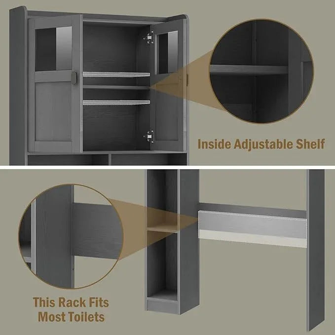 Vabches Over The Toilet Storage Cabinet, Bathroom Shelf Over Toilet with Glass Doors and Adjustable Shelves, Natural Grey Freestanding Home Space Save Toilet Rack, for Restroom, Bathroom, Laundry - ModernBath