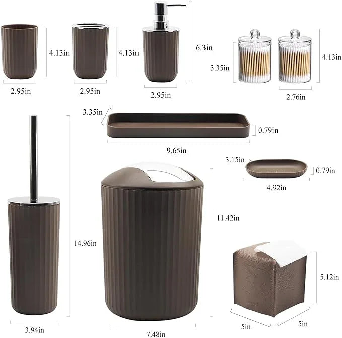 Bathroom Accessory Set - 10 Piece Brown Bathroom Accessories Set with Trash Can, Toothbrush Holder and Cup, Soap Dispenser, Soap Dish, Toilet Brush Holder, Vanity Tray, Qtip Holder, Tissue Box Cover - ModernBath