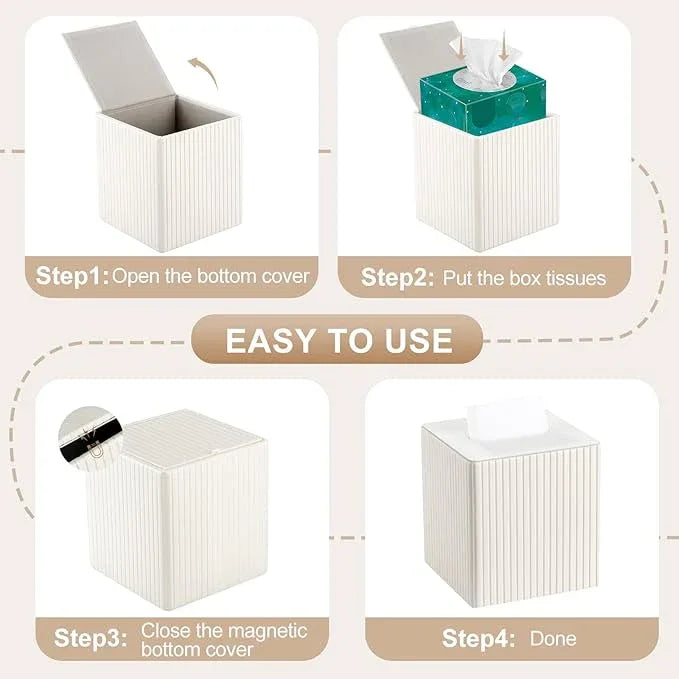 KINGFOM Square Pu Leather Tissue Box Cover, Modern Facial Tissue Holder, Roll Tissues Paper Case Dispenser for Bathroom Vanity Countertop, Night Stands, Office Desk (Off-White Strips) - ModernBath