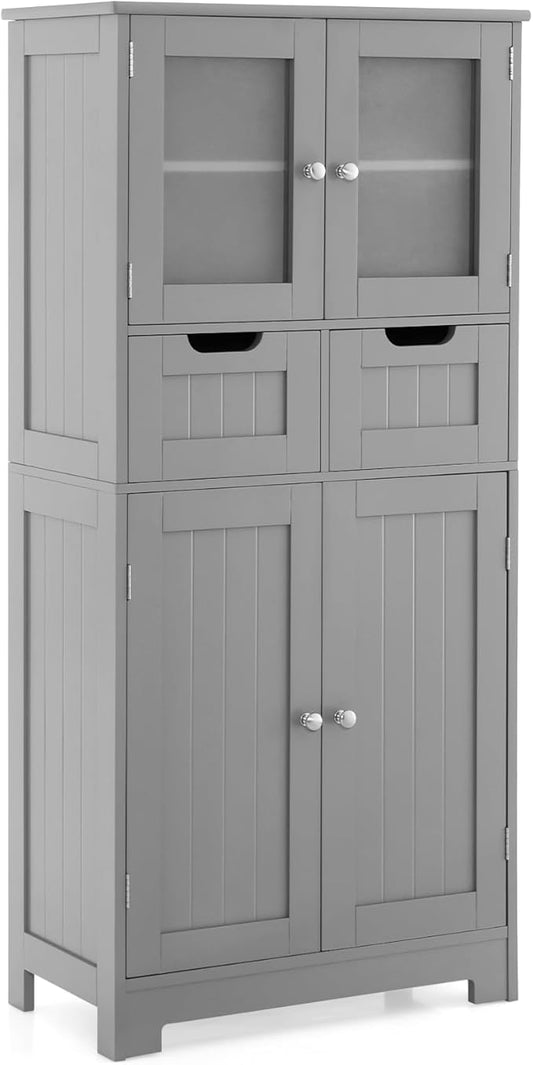 Tangkula Tall Bathroom Storage Cabinet, Freestanding Floor Cabinet w/ 2 Double Door & 2 Drawers, 3-Position Adjustable Shelves, Bathroom Storage for Living Room Kitchen