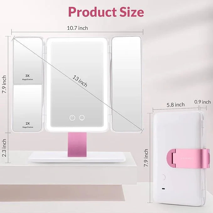 EASEHOLD Foldable Tri-Fold Lighted Makeup Vanity Mirror with 60 LED Lights, 1X/2X/3X Magnification, Touch Control Dimming, 3000mah Rechargeable, 360° Rotation, Portable Travel Folding Compact Mirror - ModernBath