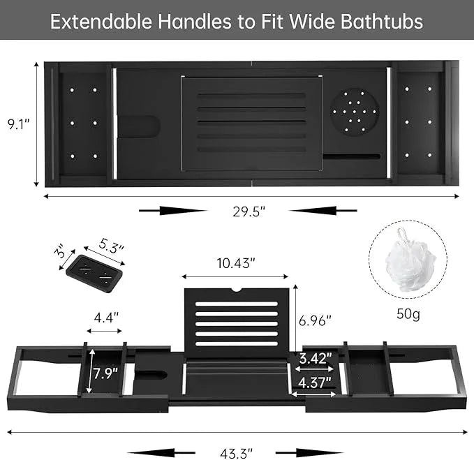 Bamboo Bathtub Tray for Luxury Bathroom, Expandable Premium Bath Tray w/Soap Towel Book Holder, Adjustable Bath Accessories for Tub,Extendable Tub Tray with Wine Glass Cup Organizer 29.5"-43.3" Black - ModernBath