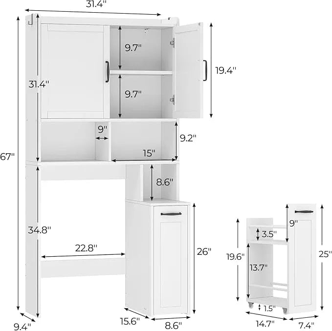 Over The Toilet Storage Cabinet with Pulley Small Bathroom Storage Cabinet, Space Saver W/Adjustable Shelf & Open Shelf for Bathroom, Restroom, Laundry (White) - ModernBath