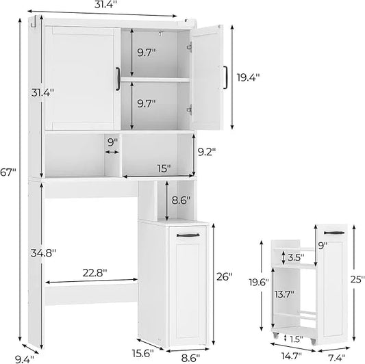 Over The Toilet Storage Cabinet with Pulley Small Bathroom Storage Cabinet, Space Saver W/Adjustable Shelf & Open Shelf for Bathroom, Restroom, Laundry (White) - ModernBath