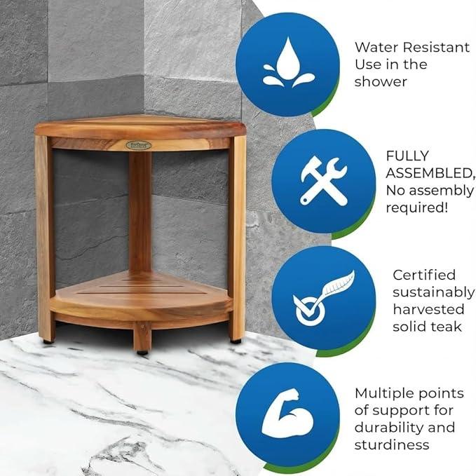 EcoDecors Fully Assembled SnazzyCorner® 18" Teak Shower Bench, Corner Shower Stool, w Shelf in Earthy Teak Finish, Compact Fit for Small Bathrooms & Walk-in Showers – Slip-Resistant Feet, Sauna Bench - ModernBath