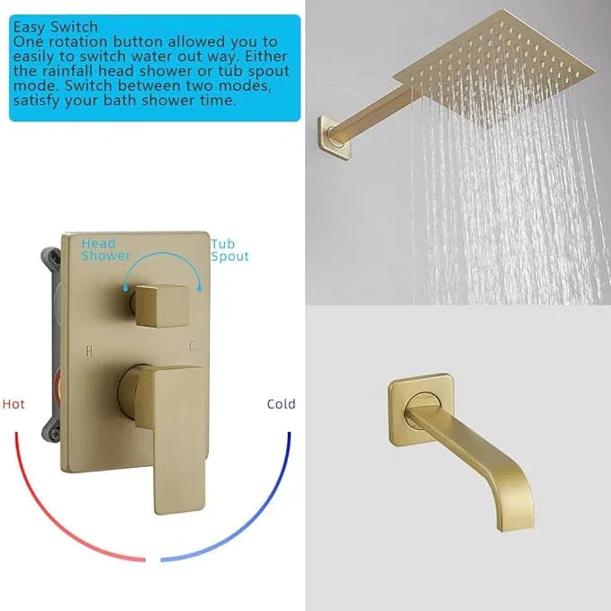 Heable ‎Brushed Gold Shower Faucet Set with Tub Spout Bathroom Luxury Rain Mixer Shower Head System Wall Mounted Shower Faucet Complete, Single Handle Tub and Shower Trim Kit with Rough-in Valve - ModernBath
