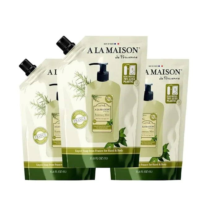 A LA MAISON French Liquid Hand Soap RefilL - Natural Hand Wash Made with Essential Oils - Biodegradable, Plant-Based, Vegan, Cruelty-Free (33.8 Fl Oz Pouch, 3 Pack, Rosemary Mint) - ModernBath