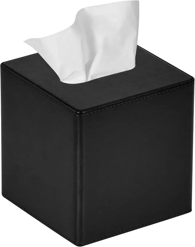 GOLRANLYE Tissue Box Cover Square PU Leather Facial Tissue Box Holder for Dresser Bathroom Decor (Black) - ModernBath
