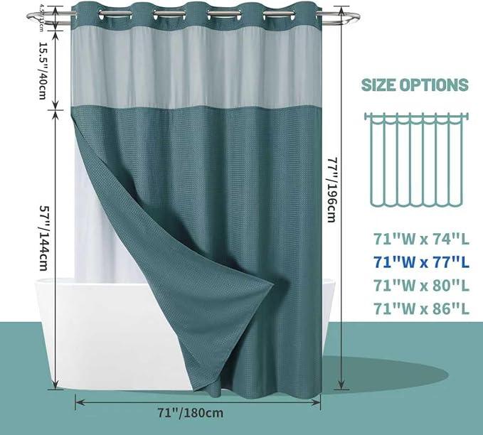 eachope SeawedGreen No Hook Waffle Weave Shower Curtain with snap-in Liner Replacement, 230GSM Waterproof Fabric Hotel Shower Curtain Set for Bathroom, Through Mesh Top Window,71Wx77H - ModernBath