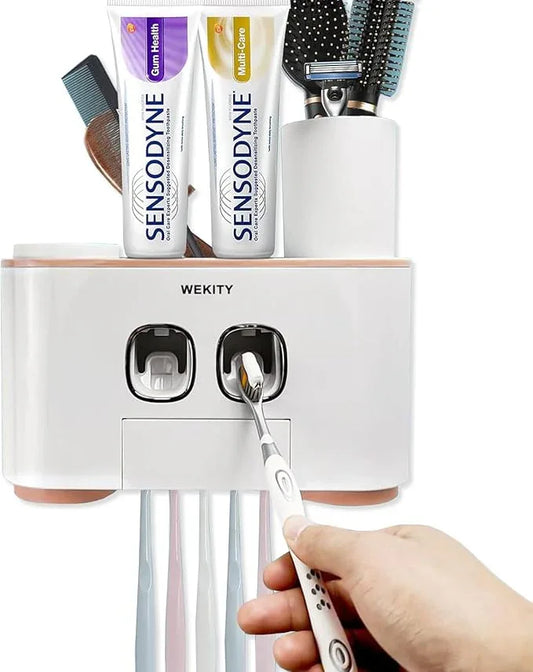 Toothbrush Holder Wall Mounted, WEKITY Multi-Functional Toothbrush and Toothpaste Dispenser for Bathroom, with 5 Toothbrush Slots, 2 Toothpaste Squeezers and 4 Cups(Pink) - ModernBath