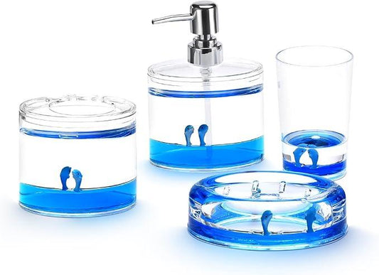 Locco Decor 4 Piece Acrylic Liquid 3D Floating Motion Bathroom Vanity Accessory Set Ocean Cartoon Animal Theme Dolphin Toothbrush Holder, Tumbler, Soap Dispenser, Soap Dis - ModernBath