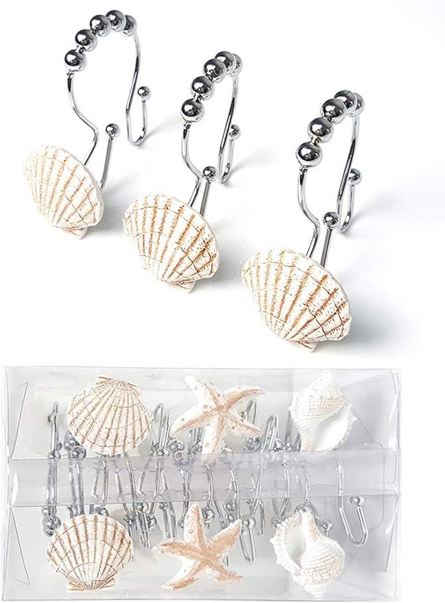 Ocean Decorative Shower Curtain Hooks Rust Proof,Stainless Steel Shower Curtain Rings with 5 Glide Rollers for Bathroom and Shower Set of 12-Hook - ModernBath