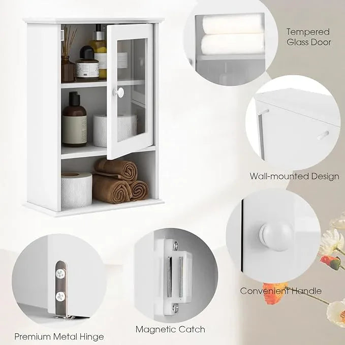 LOKO Bathroom Medicine Cabinet, Over The Toilet Storage Organizer with Adjustable Shelf, Modern Wall Mounted Storage Cabinet with Tempered Glass Door for Living Room, Entryway (White) - ModernBath