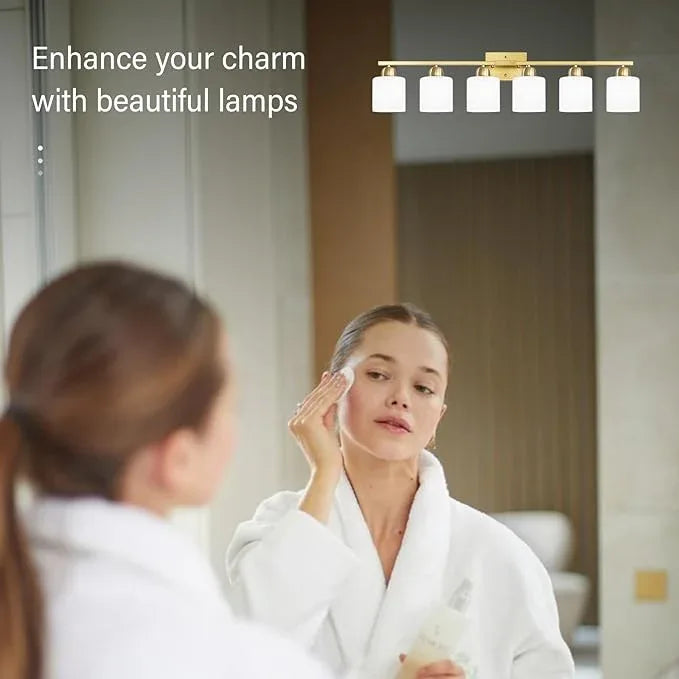 6 Light Gold Bathroom Vanity Light for Large Mirror, Gold Vanity Lights for Bathroom with Milky White Frosted Glass Shades, 38 inch Wall Lamp for Mirrors Living Room E26 Base - ModernBath