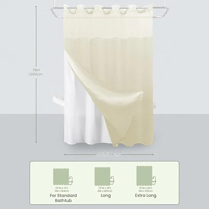 Inhousolu Long No Hook Shower Curtain with Snap in Fabric Liner Set Waffle Weave 230GSM Weighted Hem, Waterproof & Washable Bathroom Curtain Spa Luxury with Mesh Top Window 72" W x 78" L Ivory - ModernBath