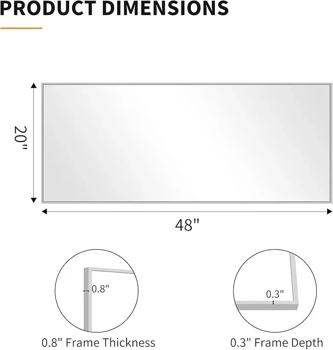 KOCUUY Silver Framed Mirror, 20"x48" Rectangle Bathroom Mirror for Wall, HD Tempered Glass, Anti-Rust Frame, Modern Design for Bathroom, Bedroom, Living Room, Entryway - ModernBath