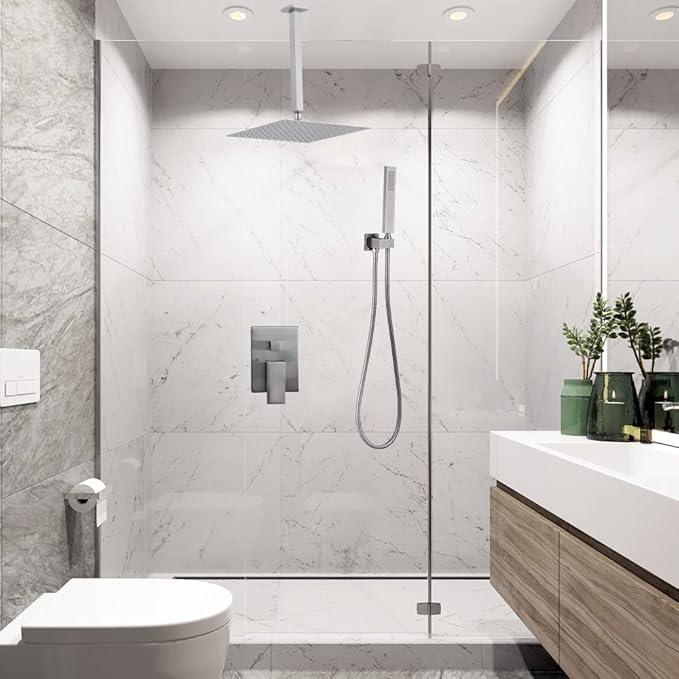 Heable Brushed Nickel Shower System Bathroom 12 Inch Rain Shower Head Ceiling Mount with Handheld Luxury High Pressure Shower Combo Set Shower Faucet Rough-in Valve Body and Trim Kit - ModernBath